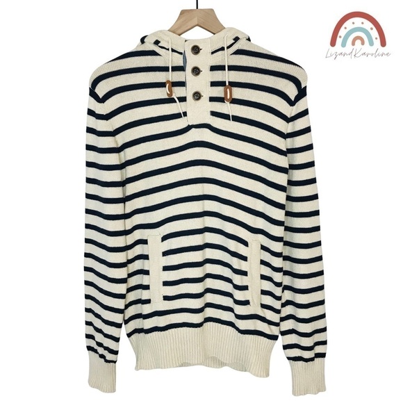 H&M LOGG Henley Nautical Stripes Sailor Cotton Knit Hoodie Pullover Sweater - Picture 1 of 10